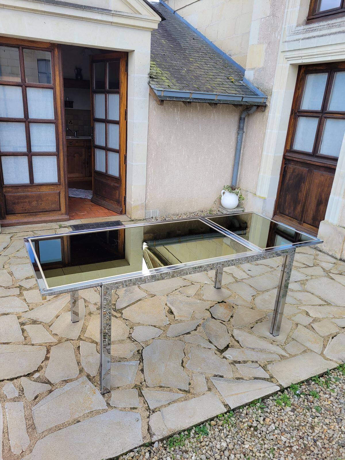 Vintage chrome and glass dining table, Roche Bobois
