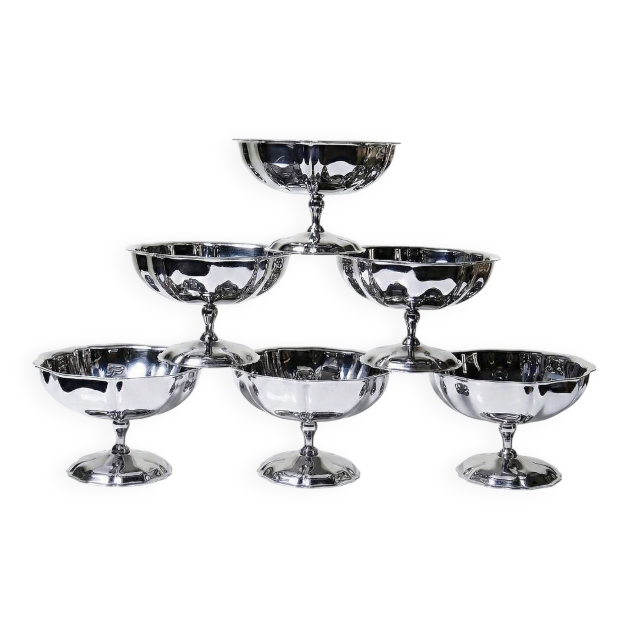 6 vintage bistro-style stainless steel dessert bowls on stands