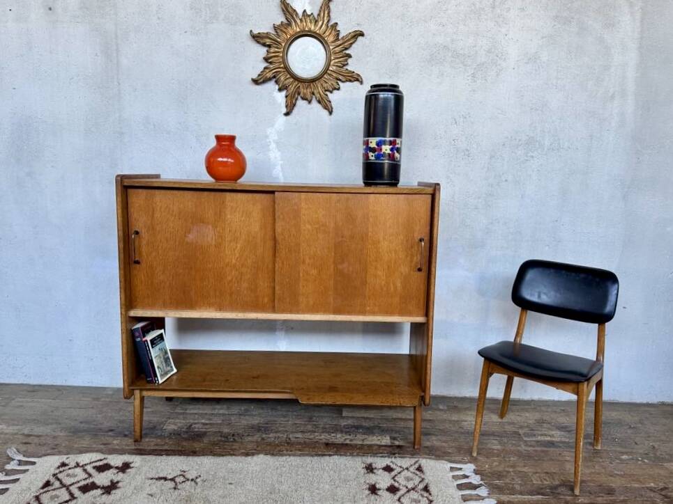 Vintage Roger Landault sideboard in light wood with 2 sliding doors
