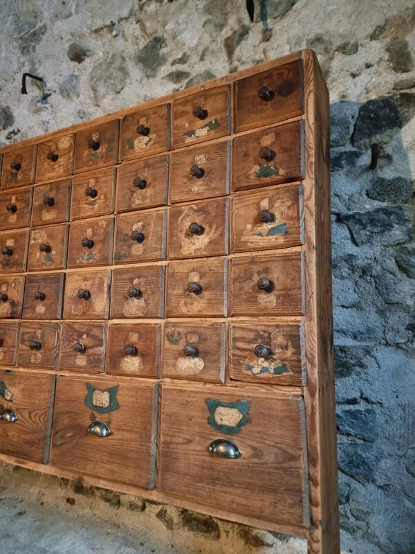 Armoire à tiroirs en pin antique avec 50 tiroirs, apothicaire ou quincaillerie, XIXe siècle