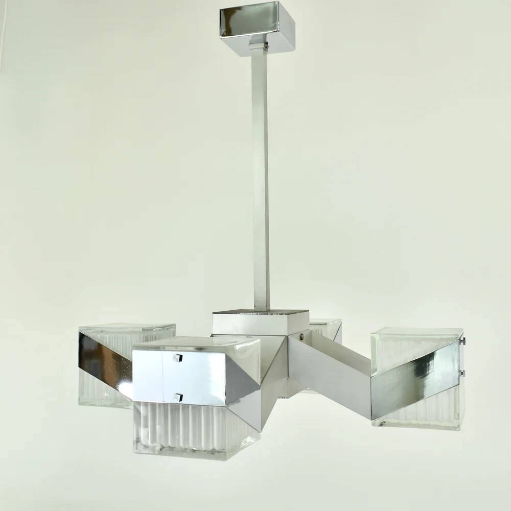 1970s Cubist Chandelier Chrome Glass Mid Century Modern