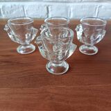 4 VINTAGE French egg cups, transparent glass, hen shape