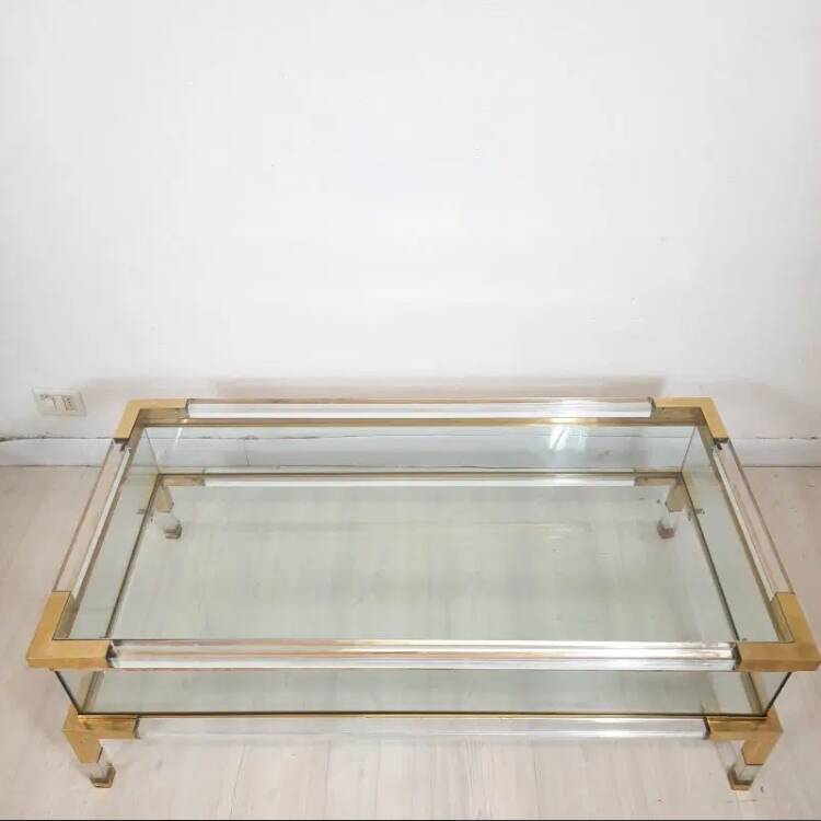 coffee table, table with sliding top, brass plexiglass crystal  vintage anni 70
