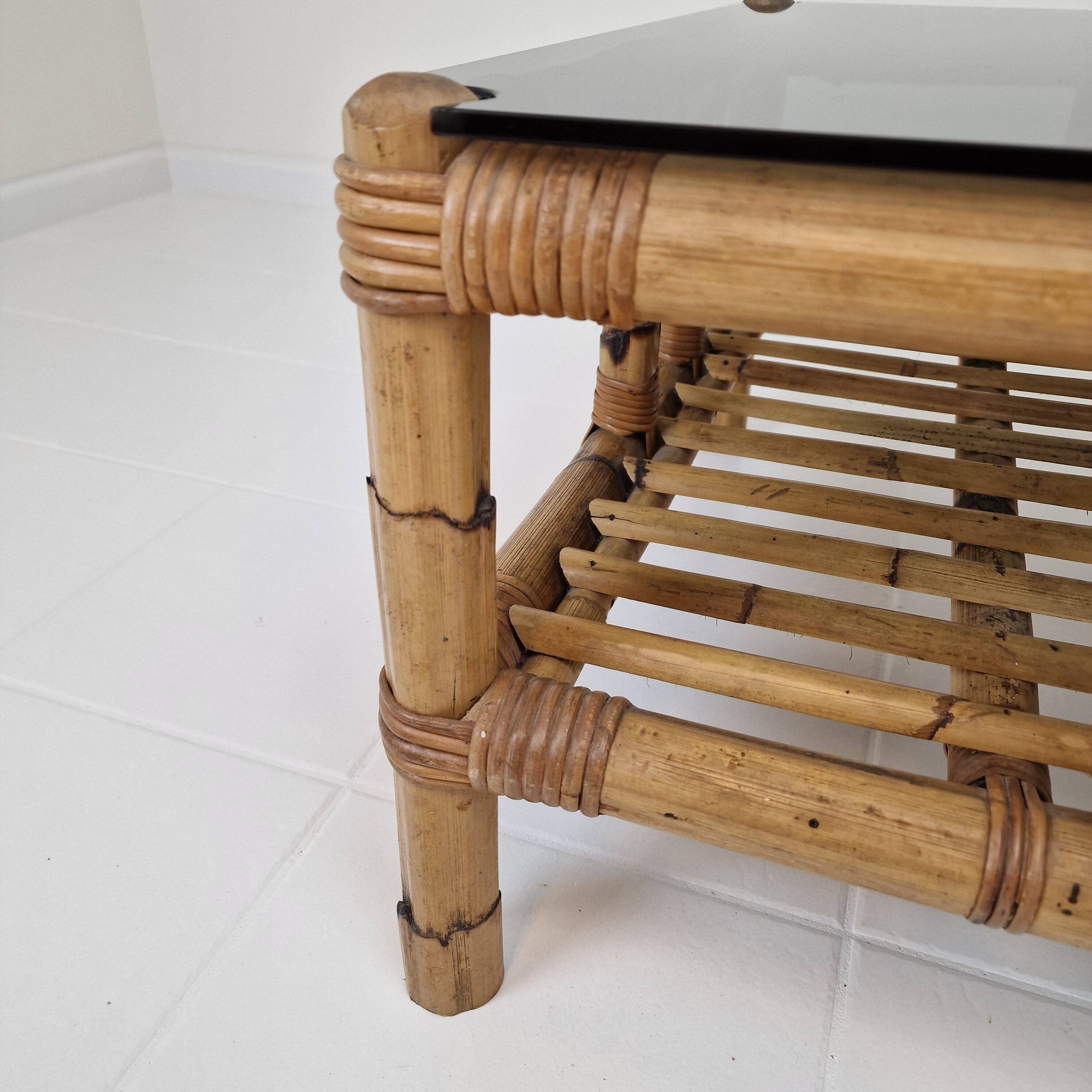 Italian bamboo coffee table with smoked glass, 1970s