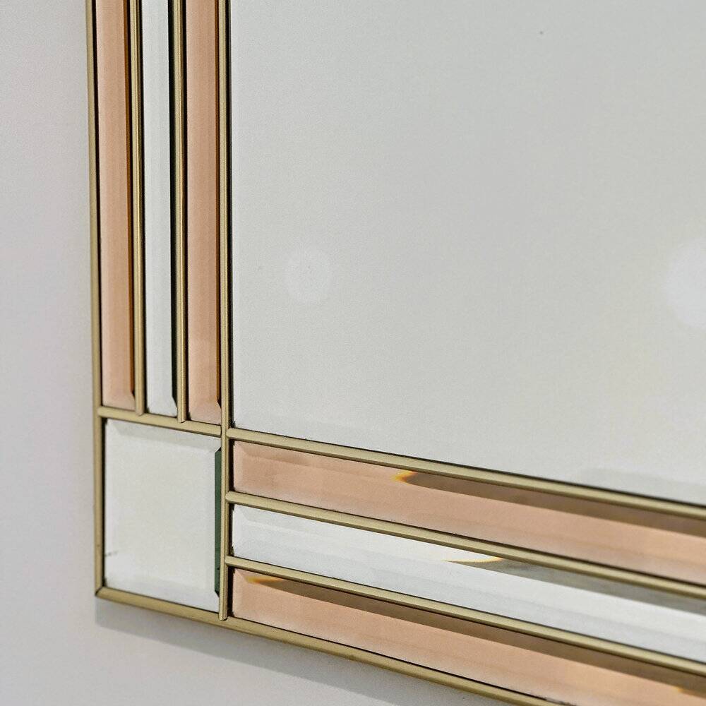Art Deco style peach & clear bevelled mirror with brass frame, 1980s