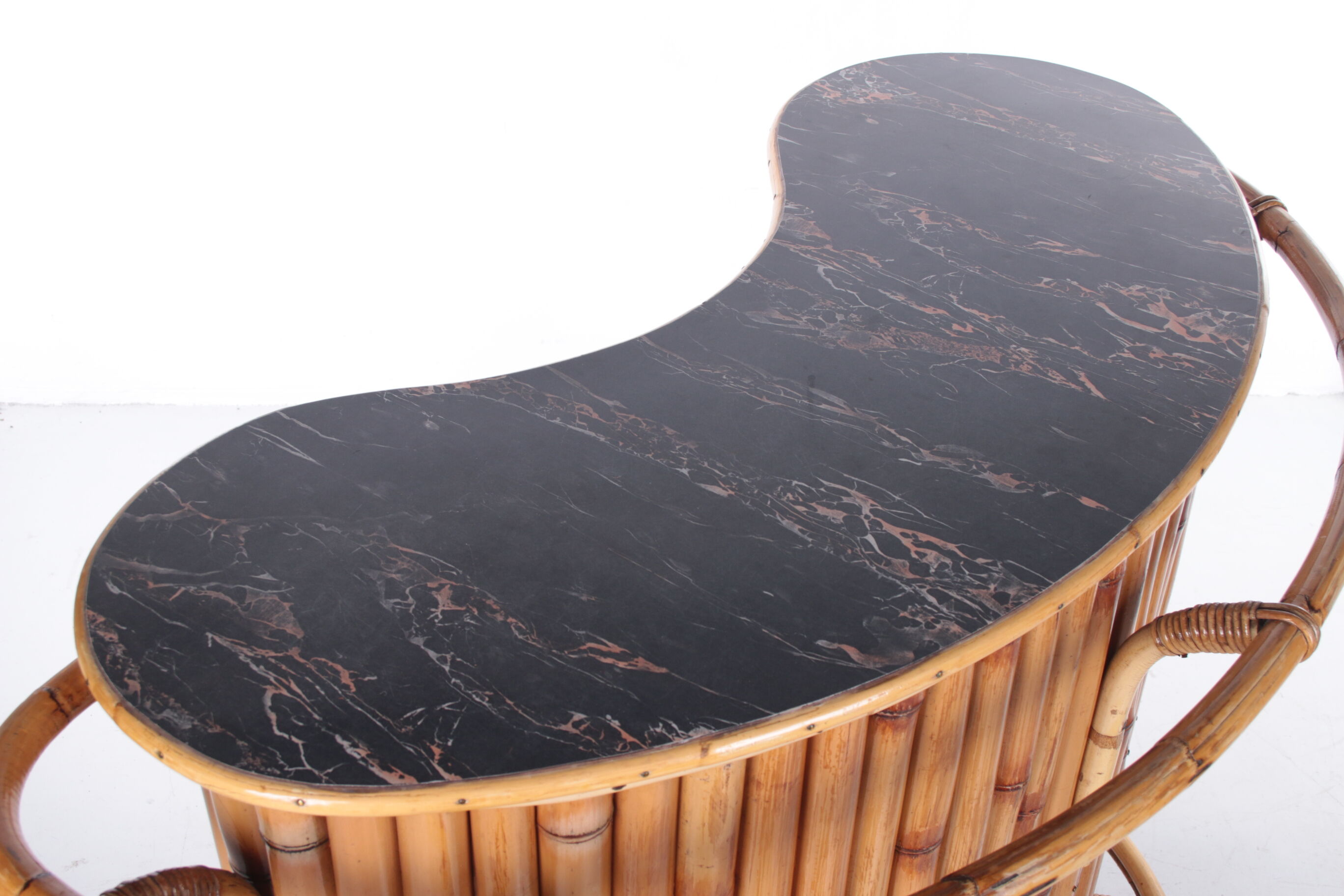 Vintage bamboo Tiki bar cocktail bar with 2 bar stools.