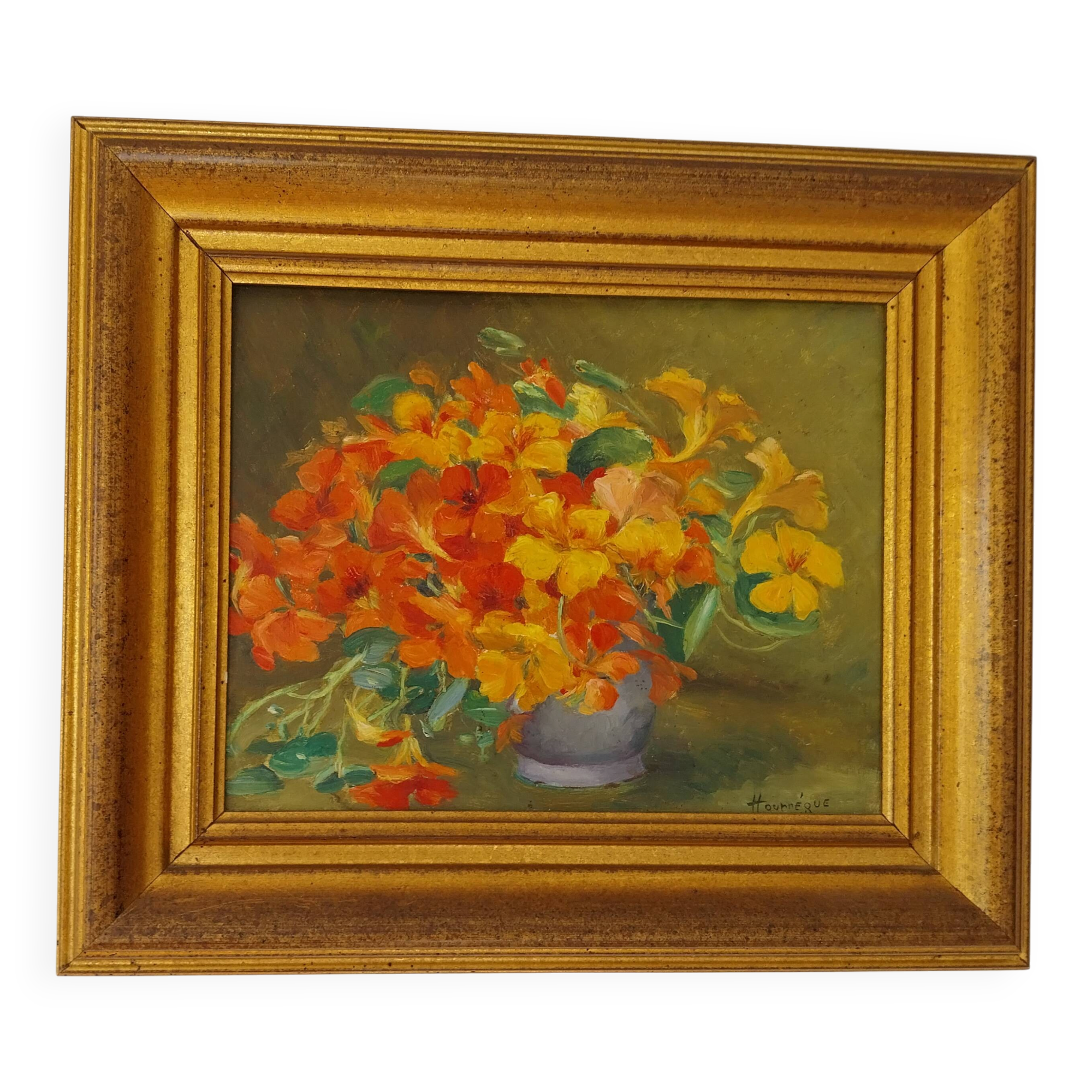 Huile sur panneau vintage signée Hourregue - bouquet de fleurs