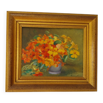 Vintage oil painting on panel signed Hourregue – flower bouquet