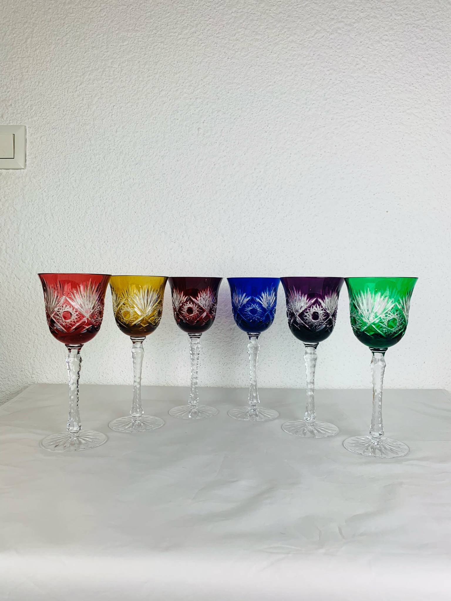 6 handmade crystal stemmed glasses from Lorraine, multi-colored