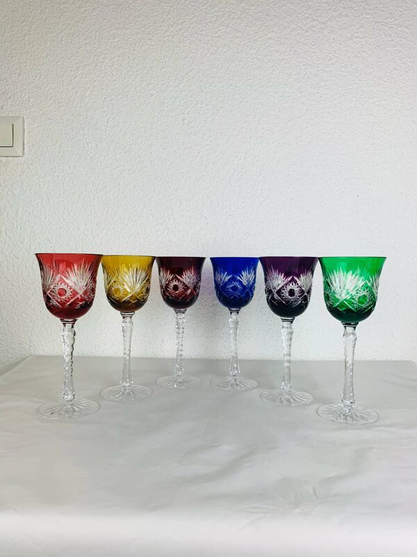 6 verres à pied cristal artisanal de Lorraine, multicolores