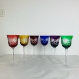 6 handmade crystal stemmed glasses from Lorraine, multi-colored