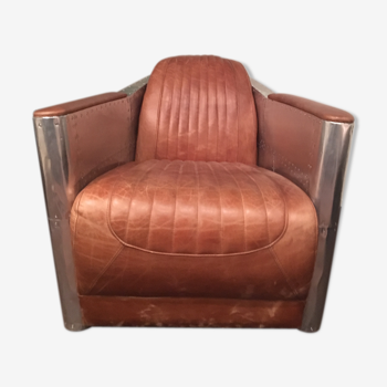 Armchair in aluminum and leather - style aviator