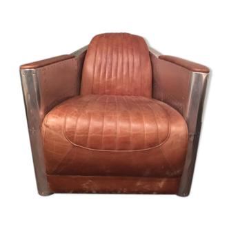 Armchair in aluminum and leather - style aviator