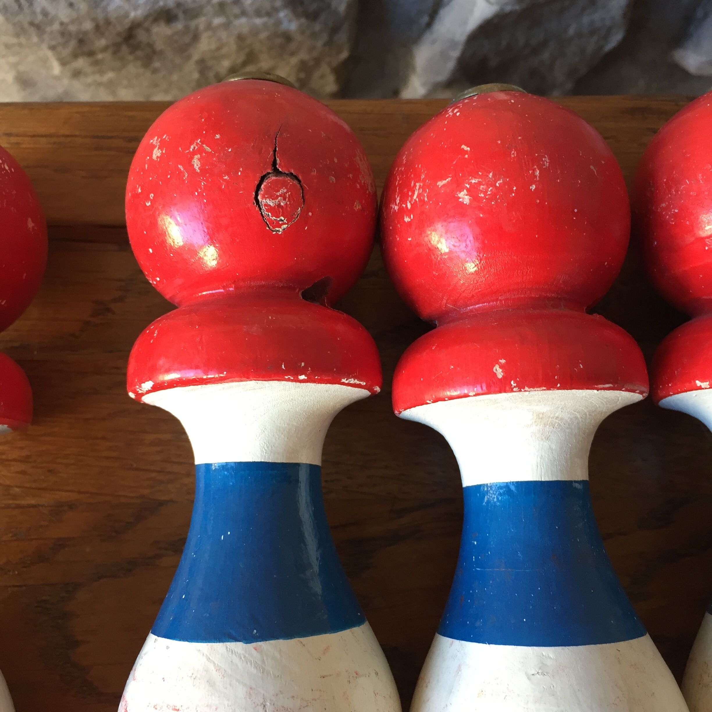 Old vintage wooden bowling game triclore plus two balls