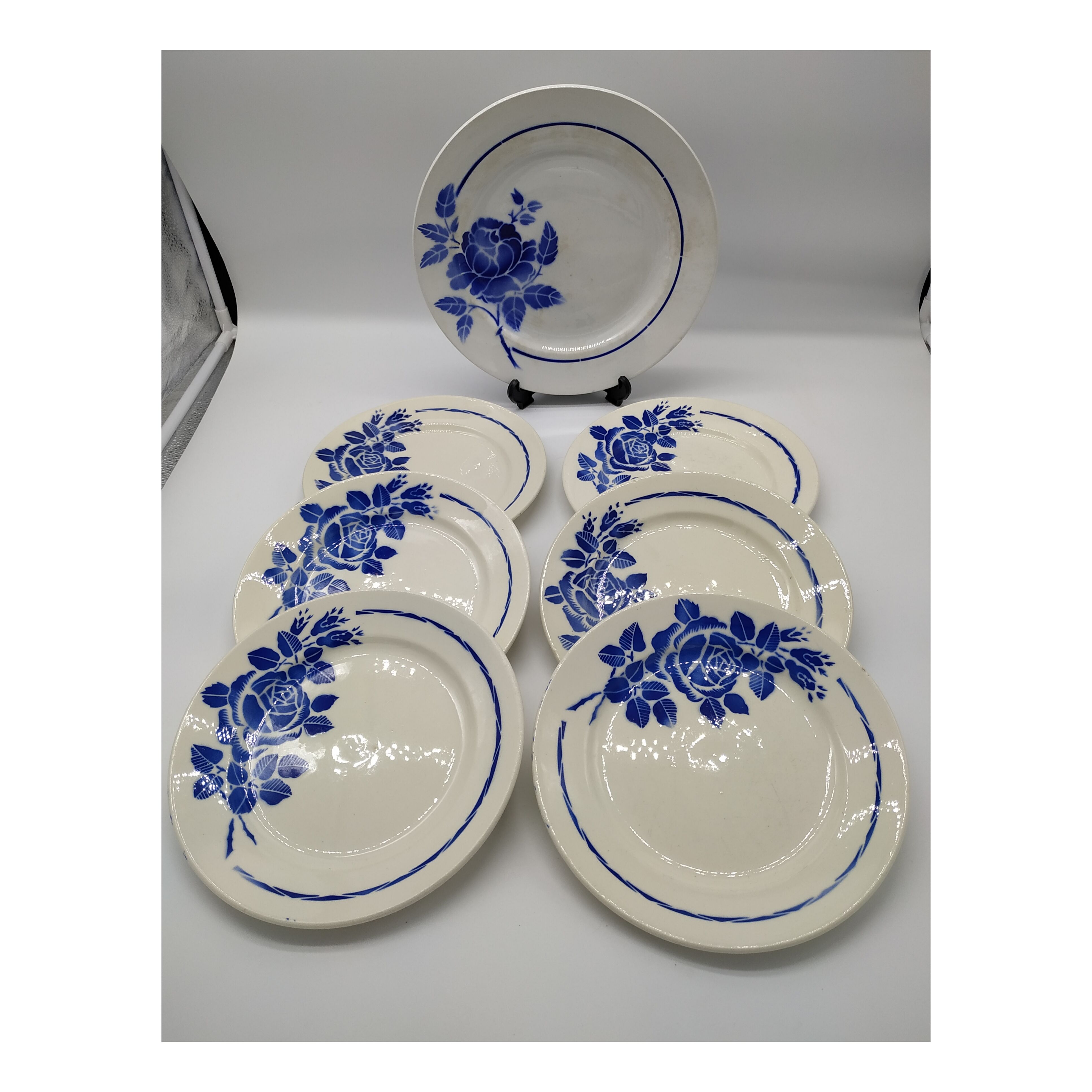 Blue Rose Service 6 flat plates and 1 vintage round plate