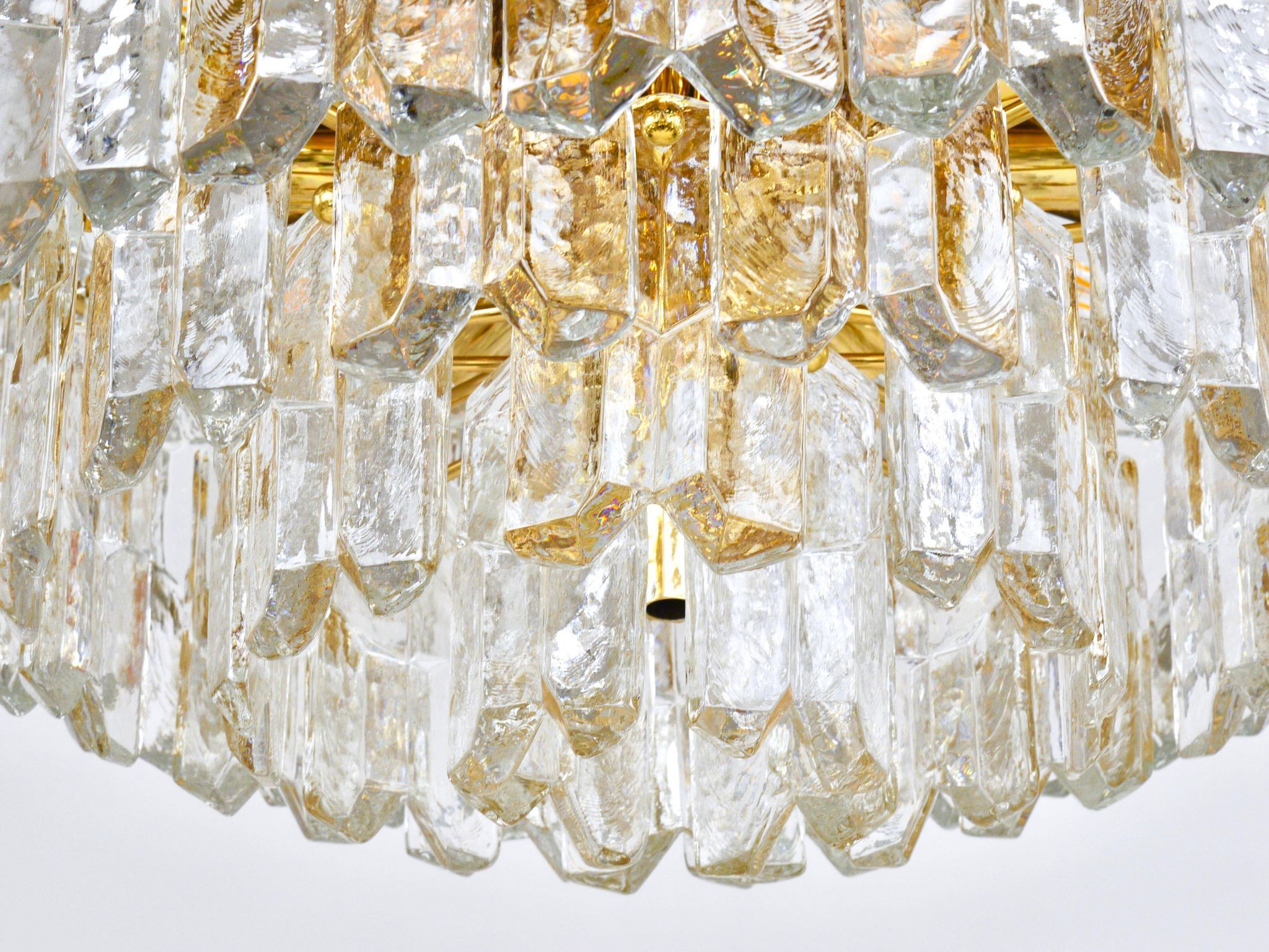 Large ceiling chandelier in gilded brass and glass Palazzo J.T. Kalmar, 1950s