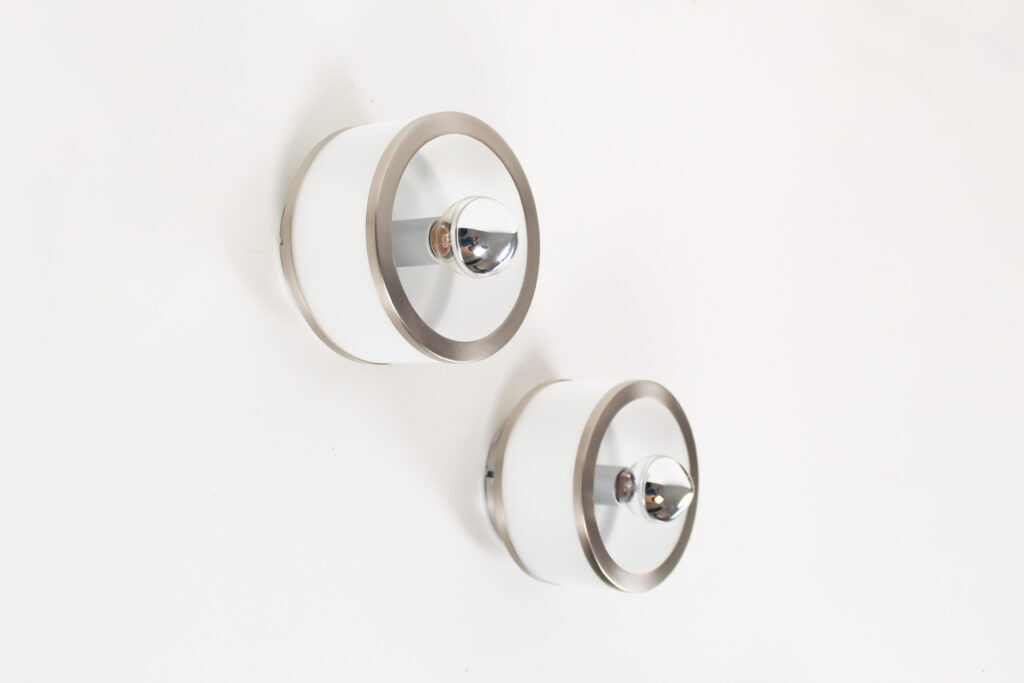 Pair of vintage 1980’s opaline glass and brushed chrome wall lights
