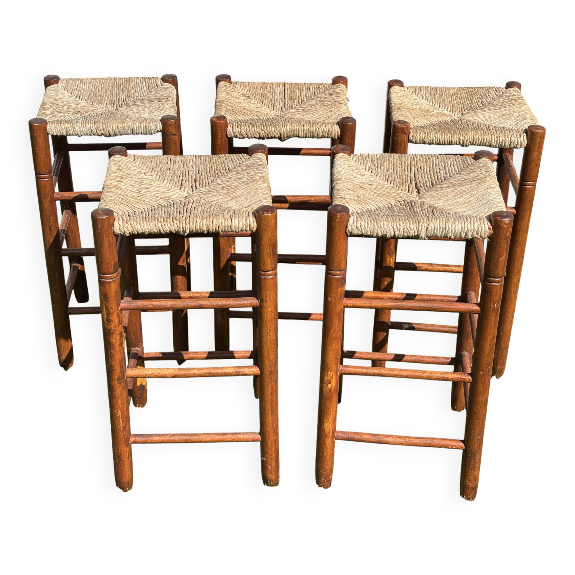 5 tabourets de bar en bois et paille style Charlotte Perriand