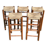 5 Charlotte Perriand-style wooden and straw bar stools
