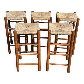 5 Charlotte Perriand-style wooden and straw bar stools