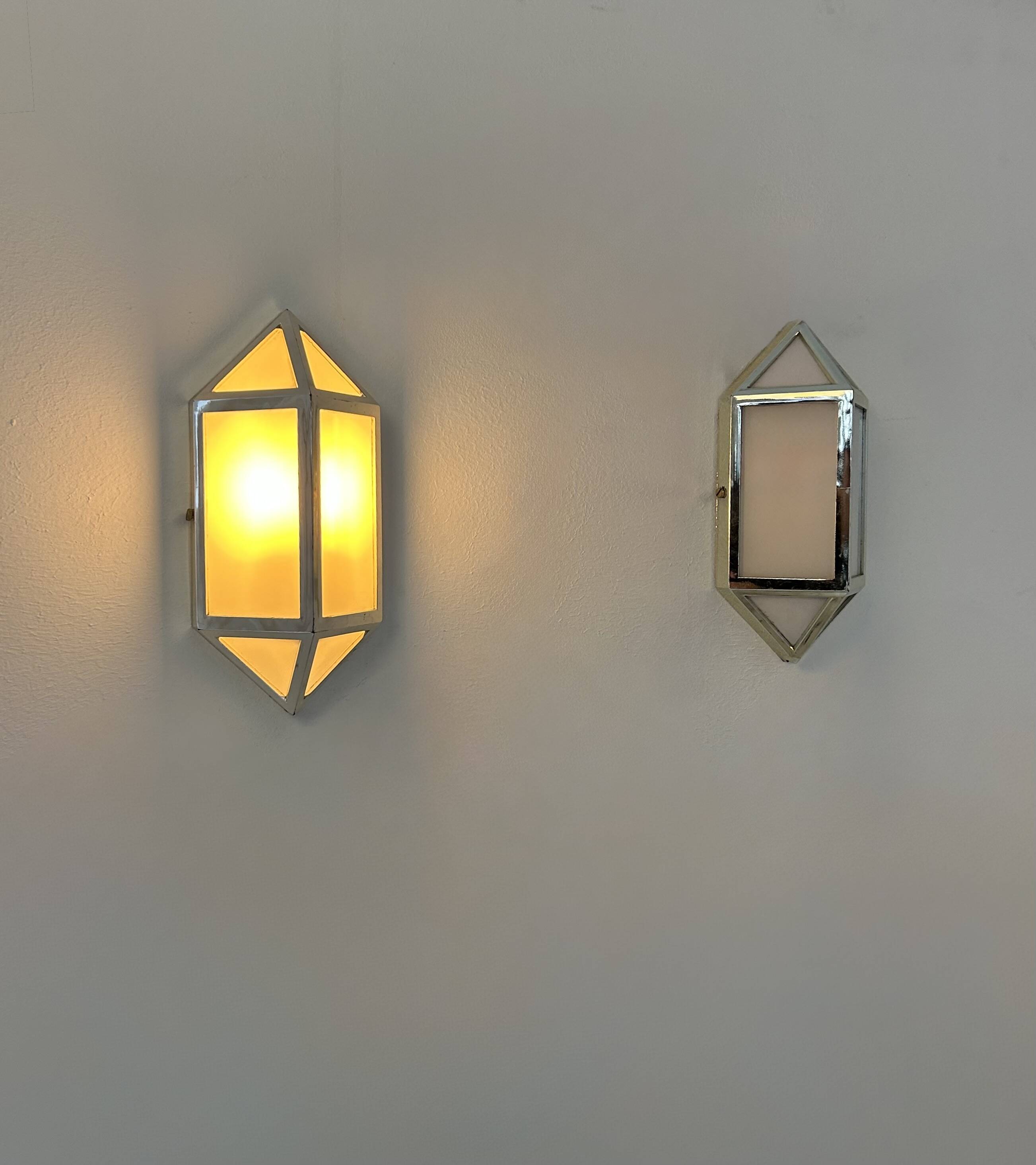 Pair of vintage wall lights, chrome-plated ABS and satin-finish Perspex, France, 1980