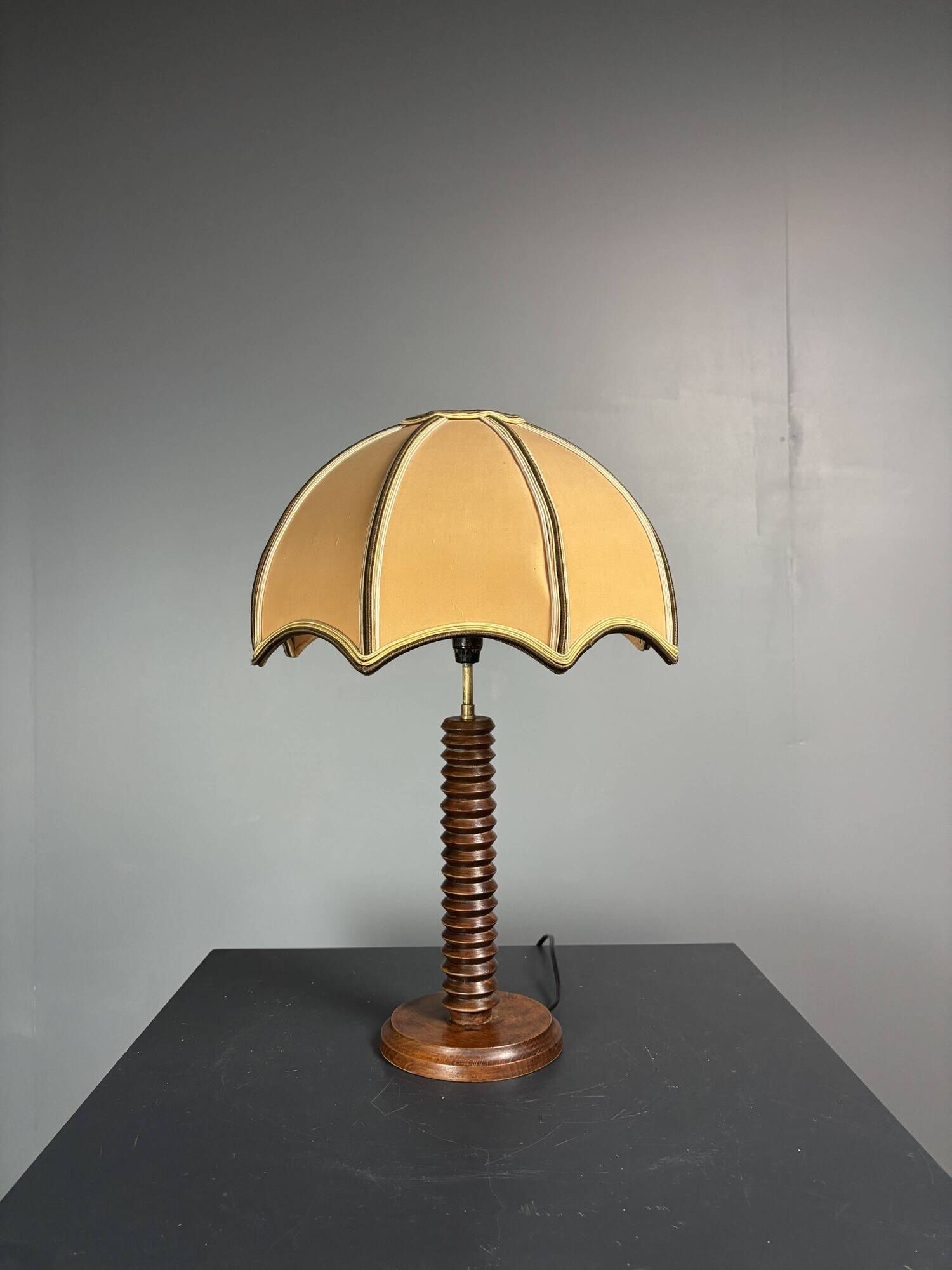 Midcentury brutalist wood turned mushroom table lamp, Charles Dudouyt style