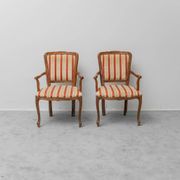Pair of Parisian-style armchairs in wood with striped fabric armrests, vintage