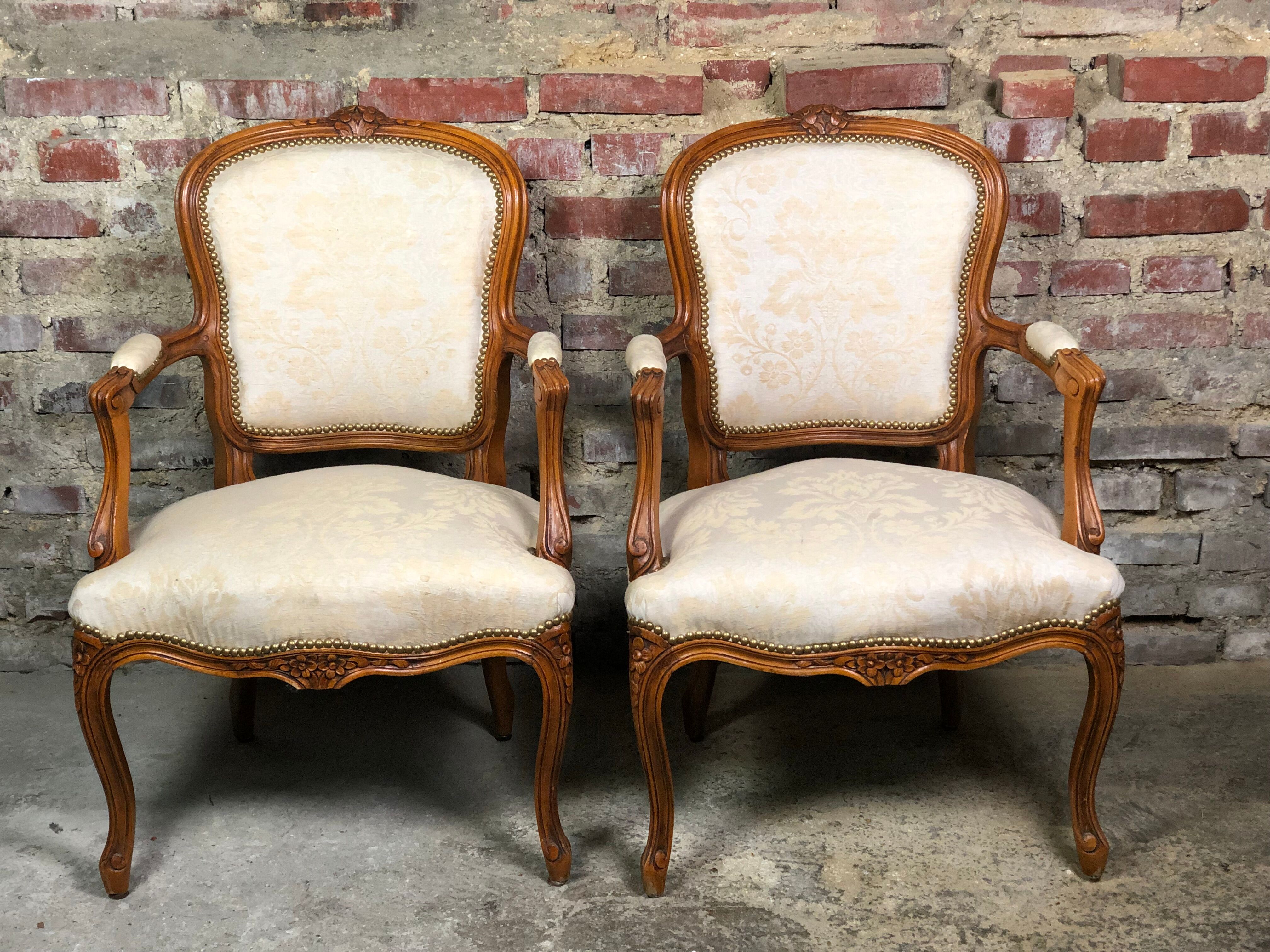 Armchairs Louis XV style carved walnut and fabric