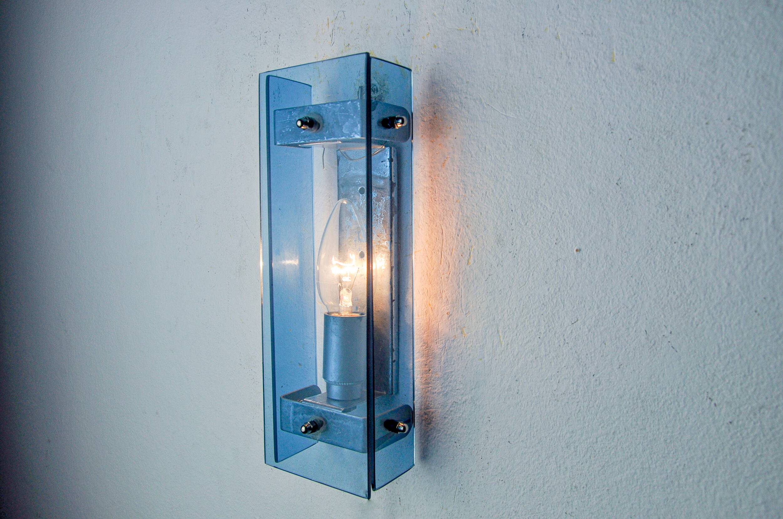 Veca blue wall light, beveled glass, italy 1970