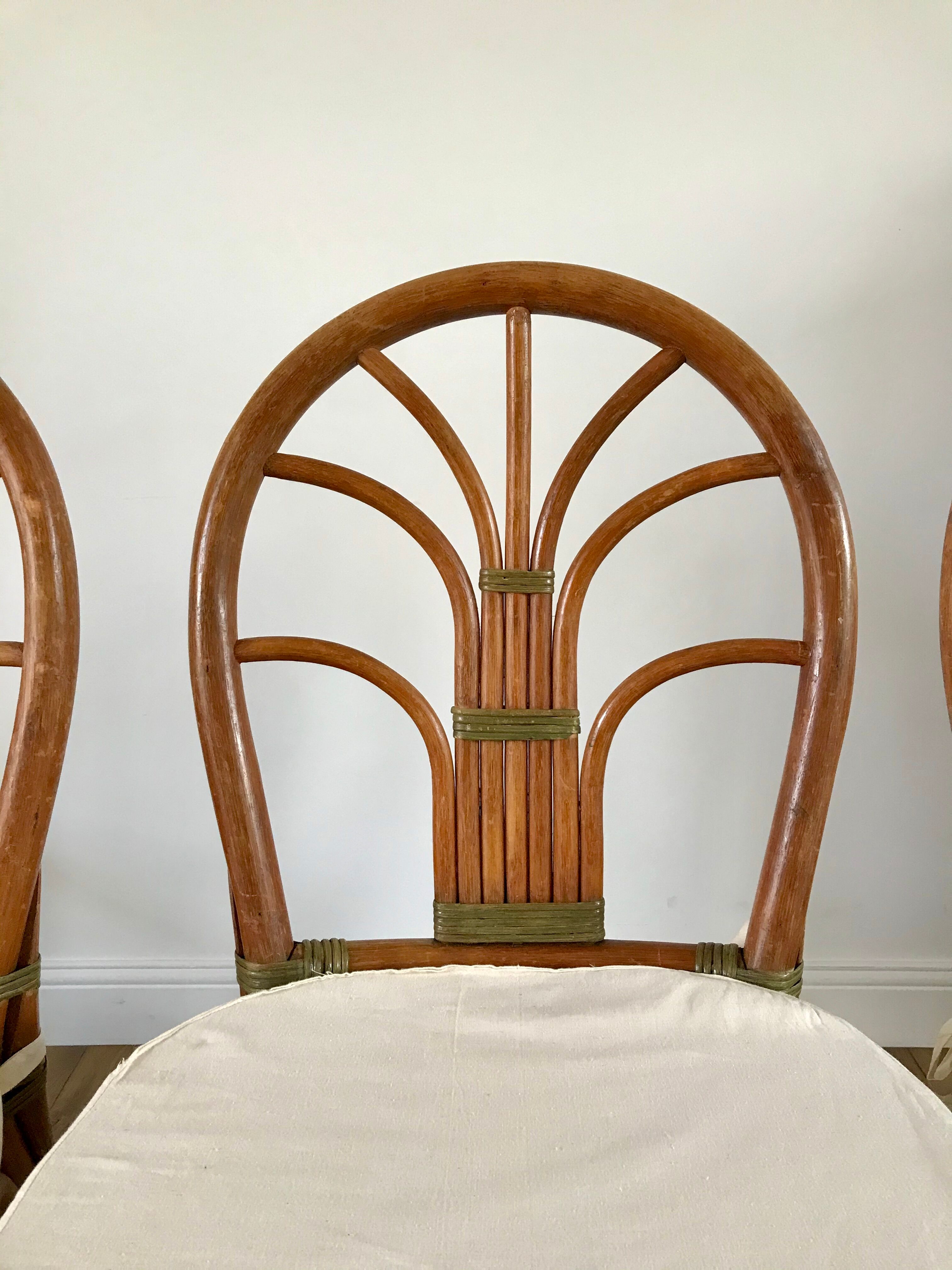 Set of 3 rattan / bamboo chairs with cushions years 1960-1970