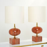 Pair of lamps in red travertine and brass 1970