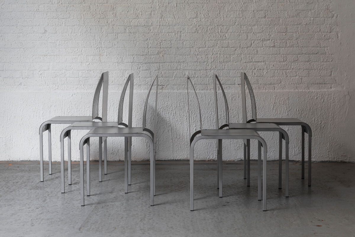 Set of 6 dining chairs in bent aluminum, 1980’s
