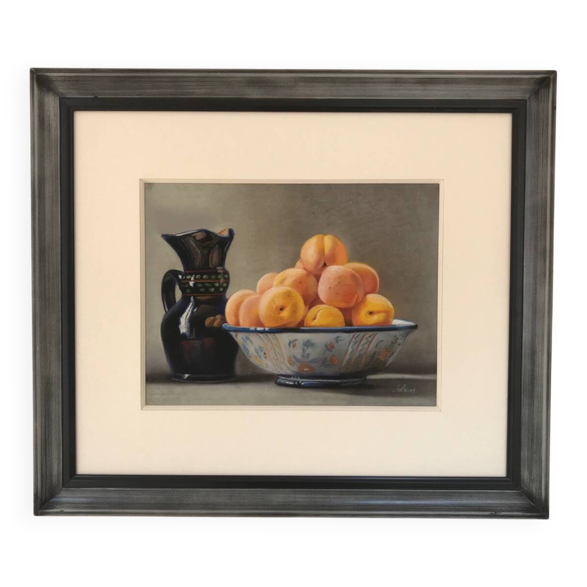 Daniel solnon (1947). pastel. still life with peaches.