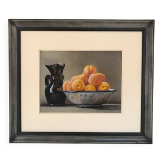 Daniel solnon (1947). pastel. still life with peaches.