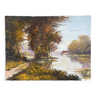 Roland (twentieth century) oil on canvas, brush / knife - house at the edge of the water marais de brière