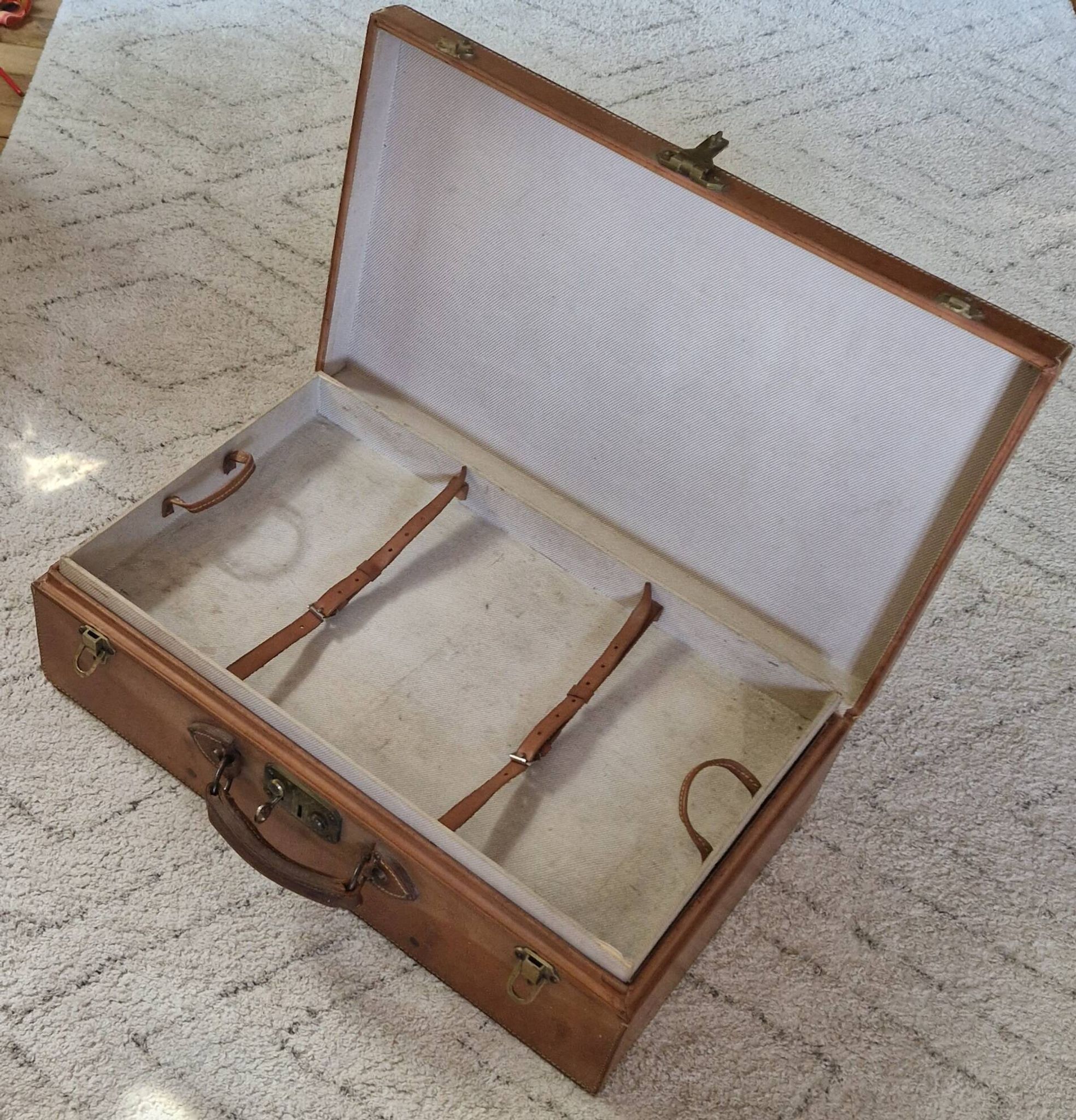 Antique leather and brass trunk/suitcase, high-end luggage circa 1930