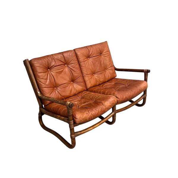 Canapé vintage en bambou et cuir, années 1970