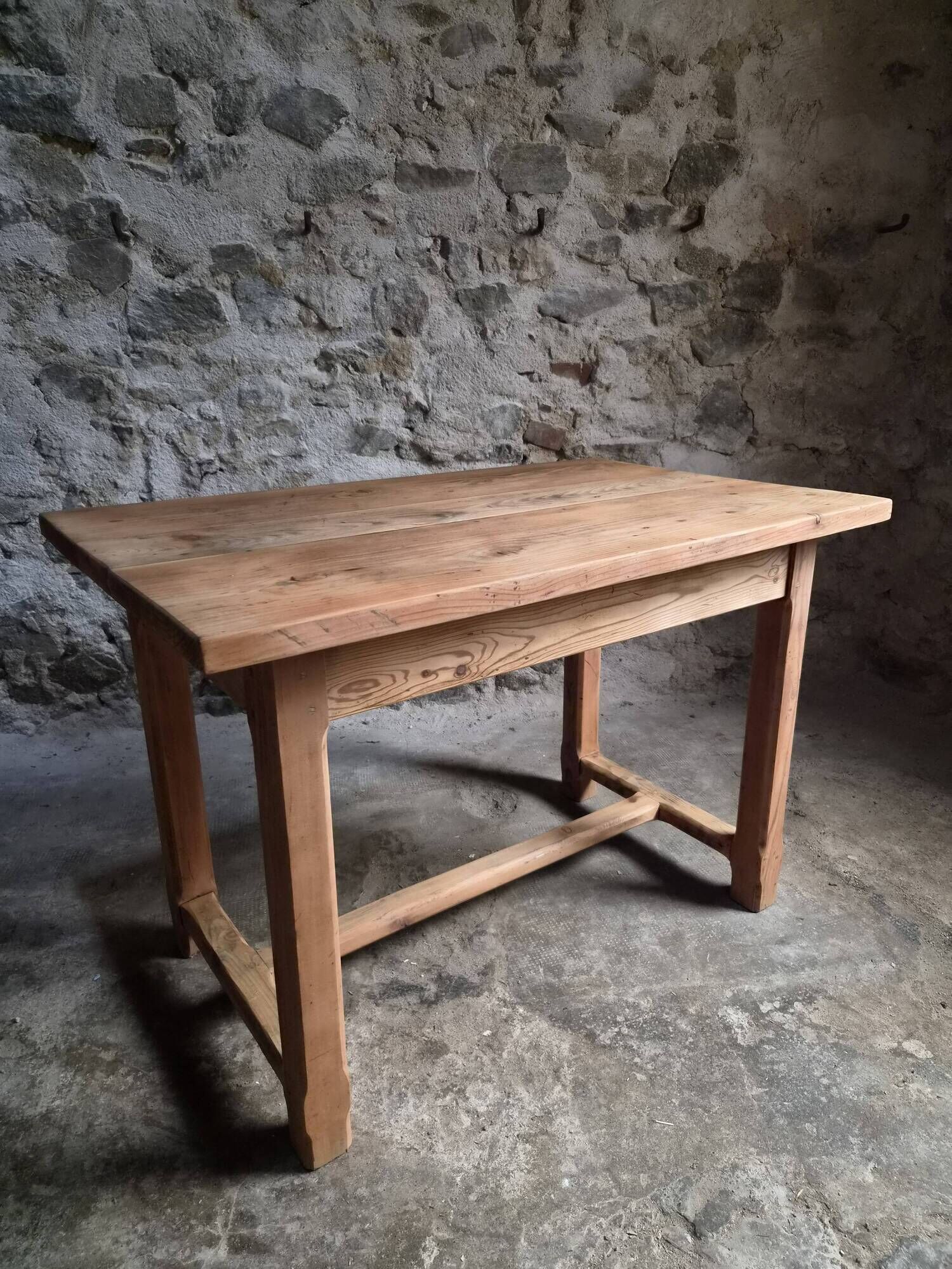 Vintage pine kitchen table or desk with two drawers – 1950s