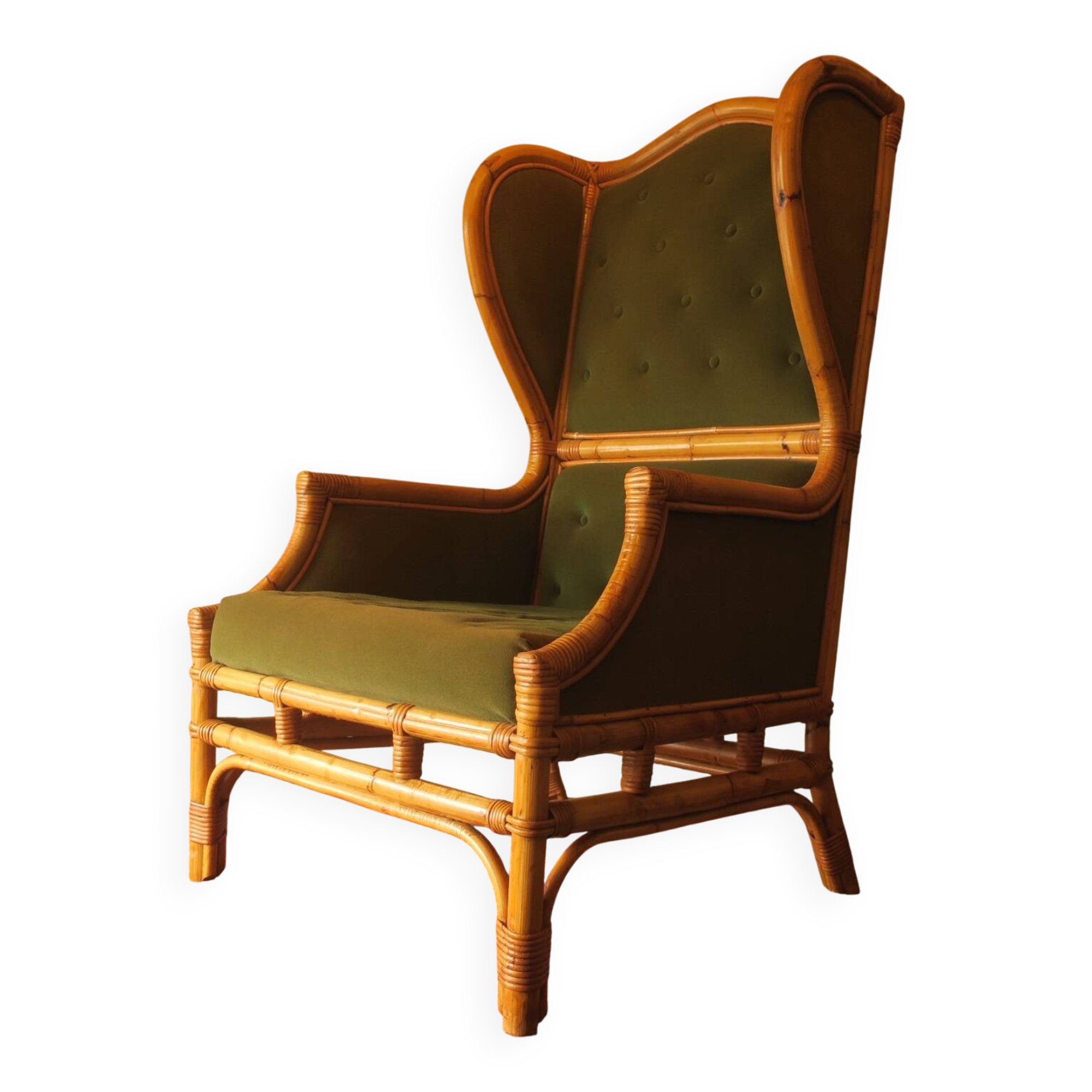 Mid century wing lounge chair in bamboo and olive green, 1960s