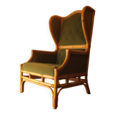 Mid-century wingback chair in bamboo and olive green, 1960s