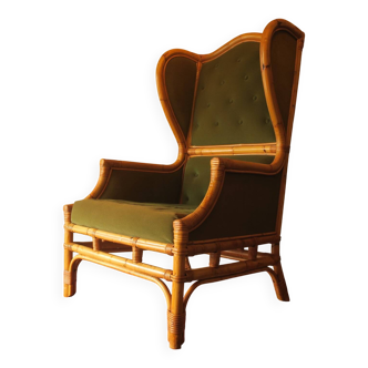 Fauteuil à oreilles du milieu du siècle en bambou et vert olive, années 1960