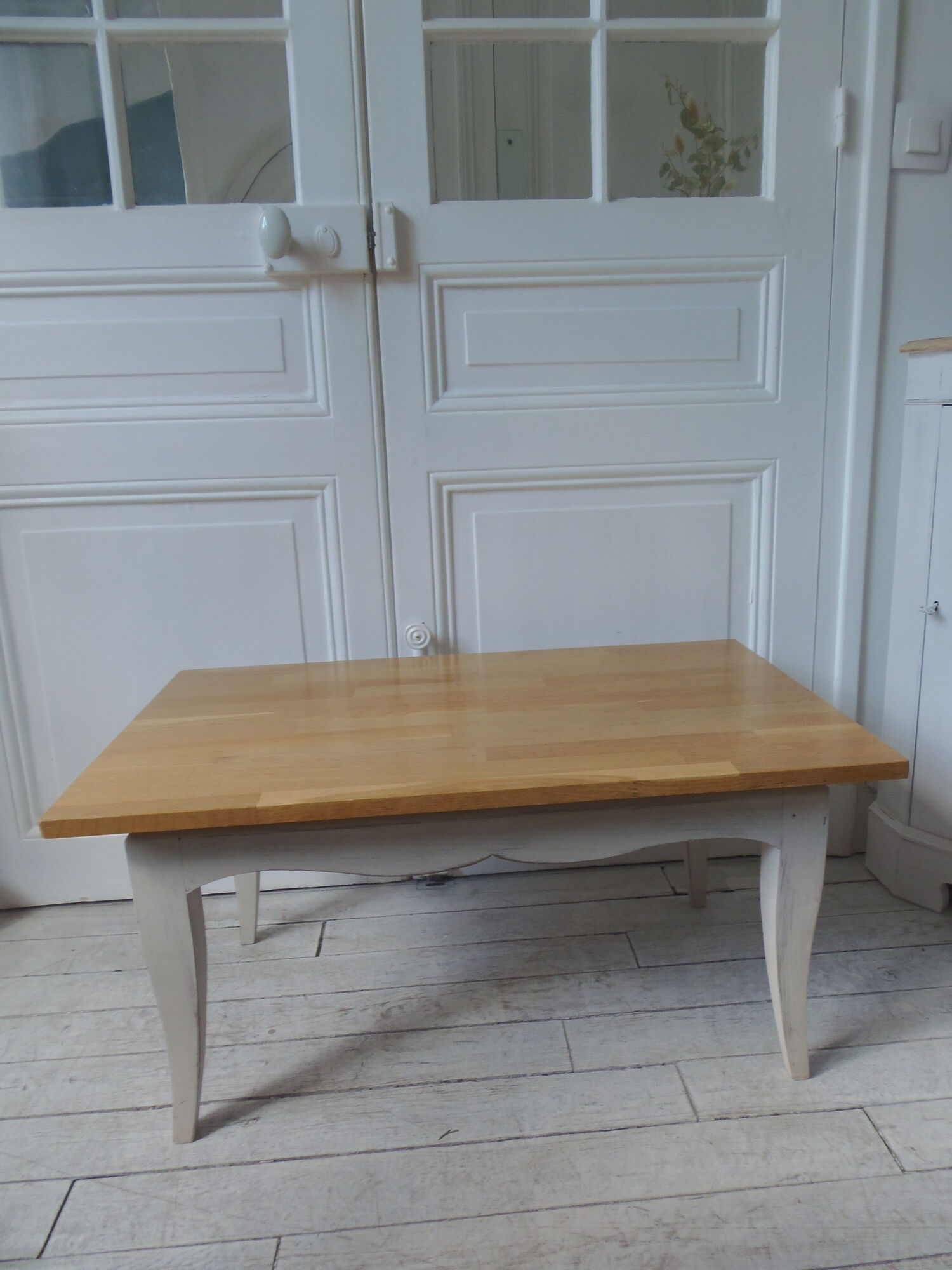 Vintage coffee table patinated pearl gray waxed finish, top against glued varnished oak