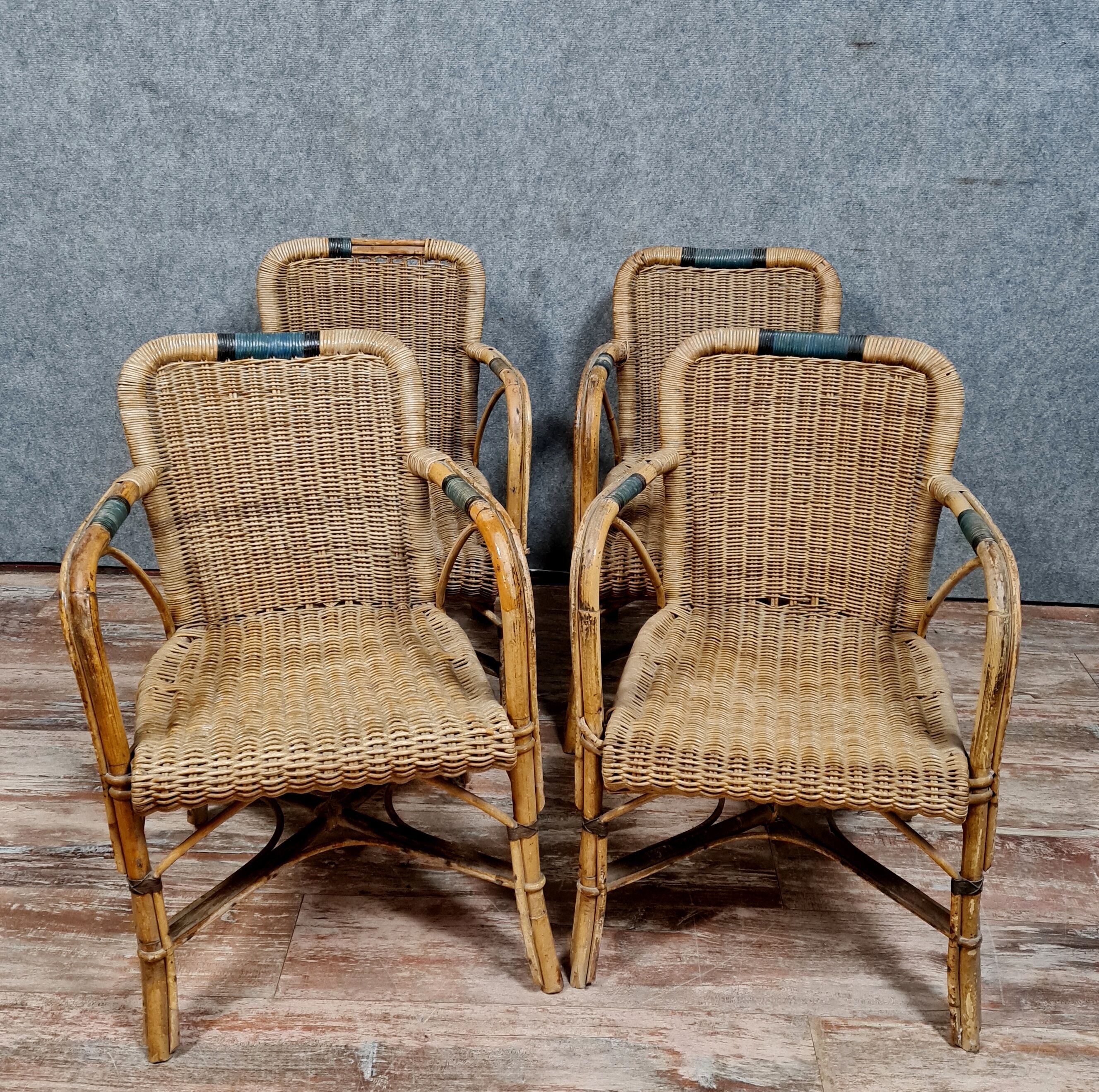Series of 4 vintage armchairs in rattan and bamboo around 1970