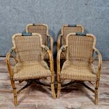 Series of 4 vintage armchairs in rattan and bamboo around 1970