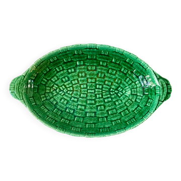 large bowl / dish in green Digoin slip, bamboo style, 50s-60s