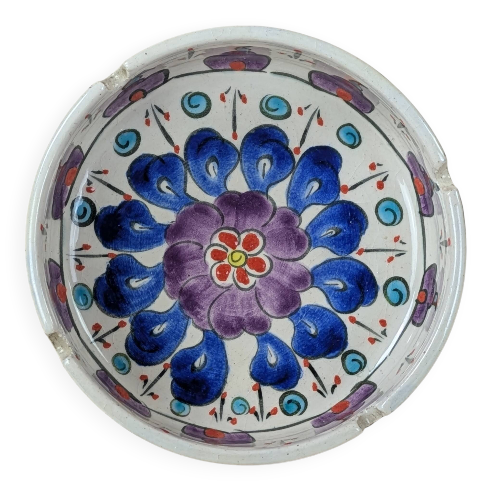Cendrier céramique peint main motif floral vintage décoration bleu