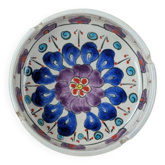 Cendrier céramique peint main motif floral vintage décoration bleu