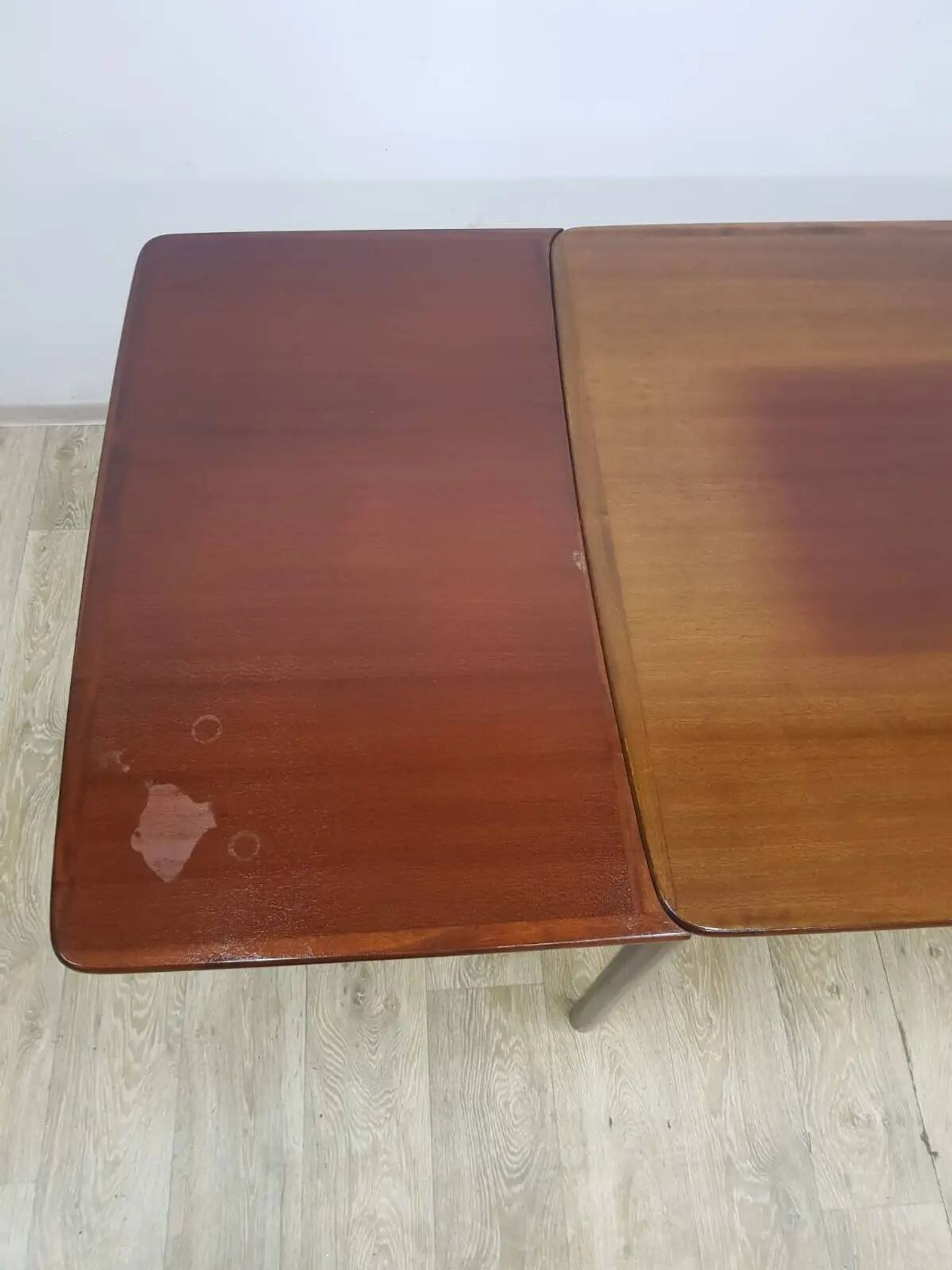 Table and four chairs set, brown wood, beige fabric, Denmark, 1970s.
