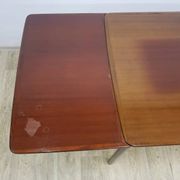 Table and four chairs set, brown wood, beige fabric, Denmark, 1970s.