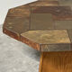 Large vintage slate mosaic coffee table, oak pedestal base, brutalist octagonal